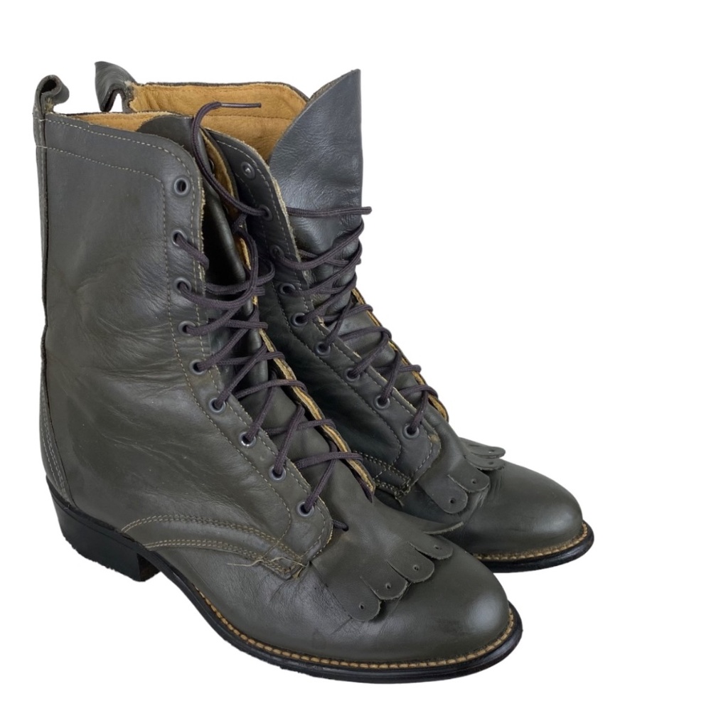 Vtg Laredo Sz 6 Boots Gray Leather Kiltie Granny Roper Cowboy Lace Up Western